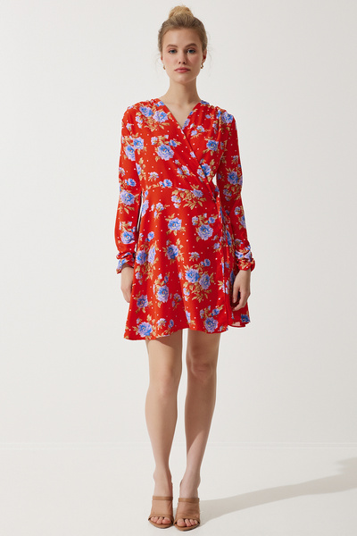 Happiness İstanbul Női piros virágos mini becsomagolt sifon ruha UB00274