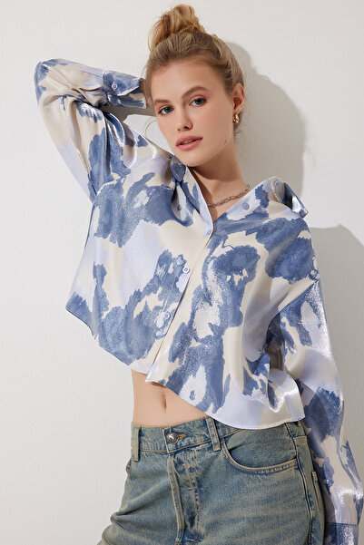 Happiness İstanbul Γυναικείο κοντό πουκάμισο με μπλε σχέδιο σατέν επιφάνειας CR00435