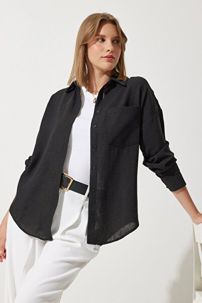 Happiness İstanbul Dámská černá oversize plátěná košile Ayrobin DD01222