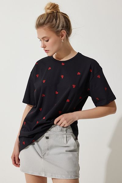 Happiness İstanbul Schwarzes Damen-T-Shirt mit Herzmotiv, 100 % Baumwolle, Übergröße, lang, gestrickt NJ00148
