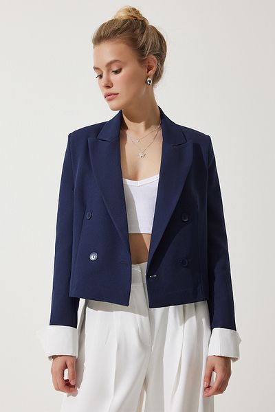 Happiness İstanbul Marineblaue, kurze Blazerjacke mit kontrastierenden Manschetten für Damen, WF00070