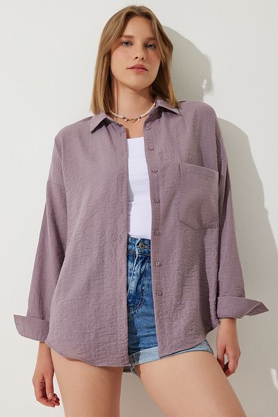 Happiness İstanbul Lilafarbenes Oversize-Leinen-Ayrobin-Hemd für Damen DD01222