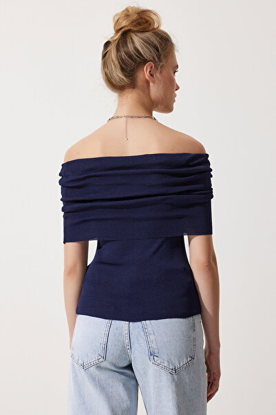 Happiness İstanbul Γυναικεία Πλεκτό Μπλούζα Μπλε Navy Off-the-Shoulder FN03181