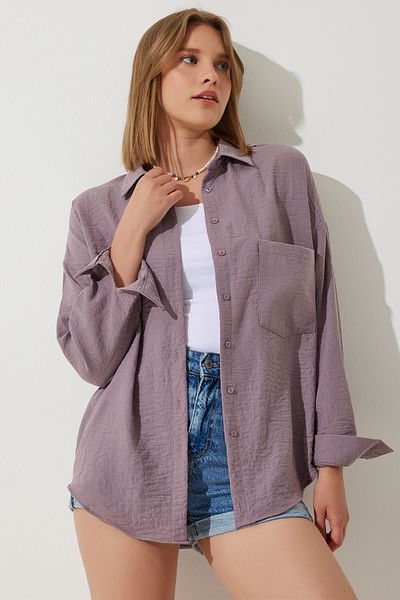 Happiness İstanbul Lilafarbenes Oversize-Leinen-Ayrobin-Hemd für Damen DD01222