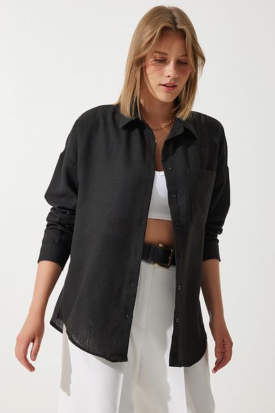 Happiness İstanbul Schwarzes Oversize-Leinenhemd von Ayrobin für Damen DD01222