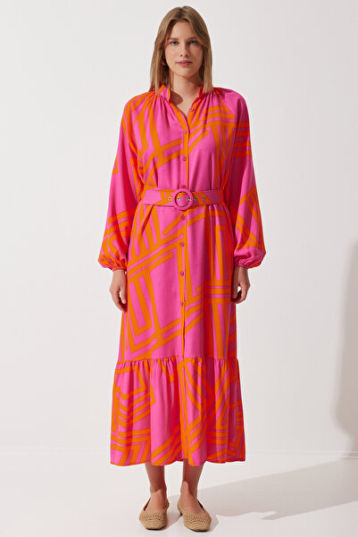 Happiness İstanbul Γυναικείο πορτοκαλί ζωσμένο φόρεμα oversize καλοκαιρινό βισκόζη ZH00034