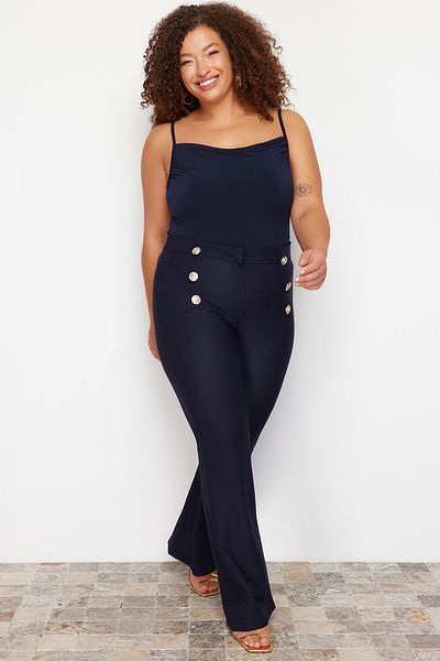 Trendyol Curve Navy Blue Buttoned Spanish Leg Gathering Plus Size Trousers - TBBAW23AR00057