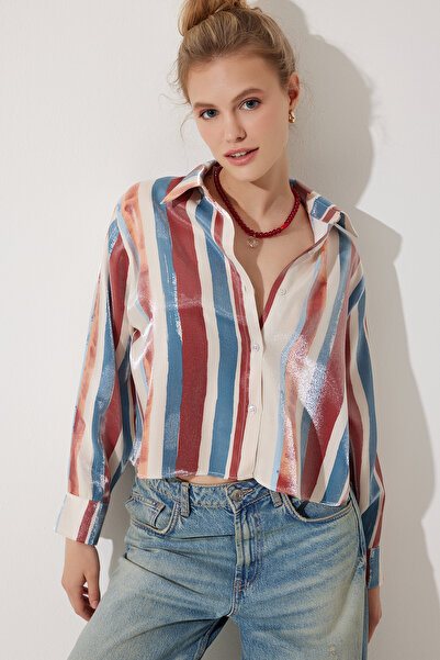 Happiness İstanbul Dámská červená modrá košile se saténovým povrchem krátká CR00435