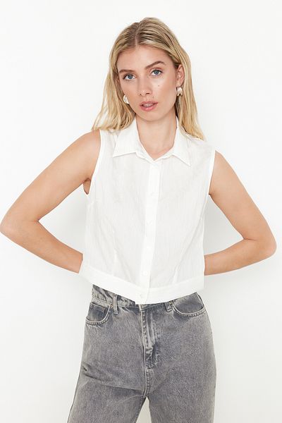 Trendyol Collection Гольф у смужку в екрю TWOSS24GO00149 без рукавів з приталеною талією TWOSS24GO00149