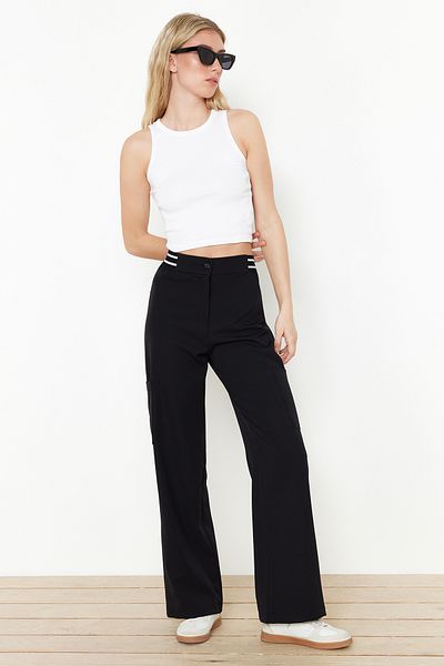 Trendyol Collection Black Elastic Waist Straight/Straight Cut Woven Trousers TWOSS24PL00127