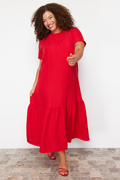 Trendyol Curve Plus Size Red Fake Linen Dress - TBBSS24AH00172