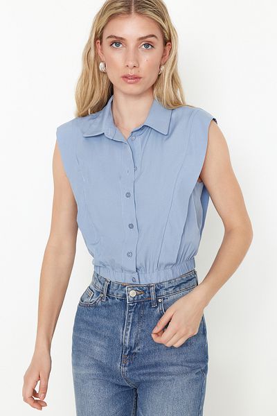 Trendyol Collection Blue Crop Sleeveless Woven Shirt - Shoulder Detail, Waist Fitting TWOSS24GO00161