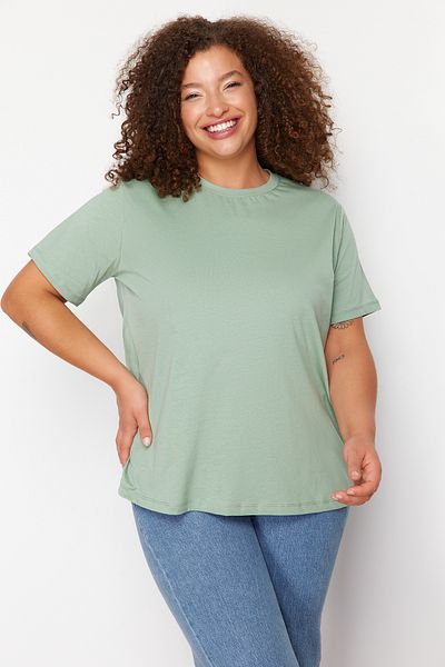 Trendyol Curve Mintgrün – T-Shirt aus 100 % Baumwolle in Übergröße, Boyfriend-Passform, seitlicher Druckknopfverschluss TBBSS24BF00000