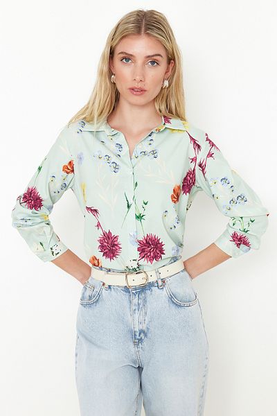 Trendyol Collection Menta virágmintás szőtt ing - normál szabású TWOAW22GO0115