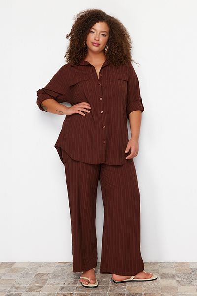 Trendyol Curve Plus Size Brown Woven Shirt and Trousers Set - TBBSS24CP00010