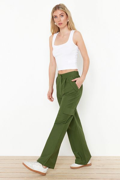 Trendyol Collection Khaki Cargo Pocket Wide Leg Wide Leg Woven Trousers TWOSS24PL00108