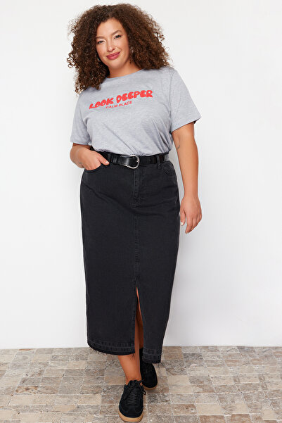 Trendyol Curve Nadměrná velikost šedé melanžové chlapecké tričko – 100% bavlna, Slogan Print, Tbbss24Bf00036