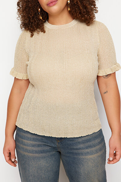 Trendyol Curve Μπεζ Glitter Body Wrap Λεπτή Πλεκτή Μπλούζα TBBSS24AF00101