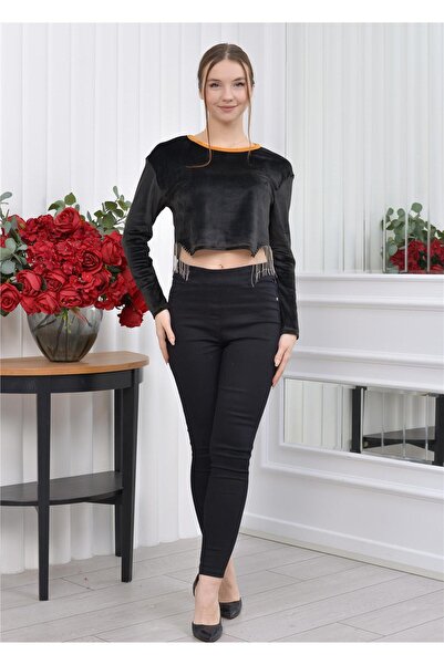 Nuseel Bluză crop din catifea moale cu detaliu de guler și piatră, neagră