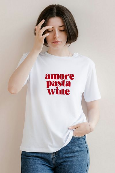 AEMİ Γυναικείο λευκό μπλουζάκι Amore Pasta Wine Printed 100% Cotton Crew Neck Oversize