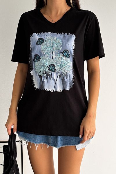 FEMELLE Tricou de damă, negru, cu decolteu în V, mărime mare, cu paiete, brodat, 100% bumbac
