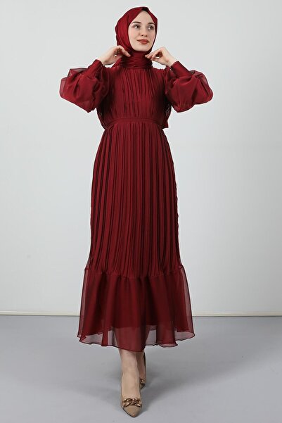 Giza Giyim Pleated Janjan Evening Dress Claret Red