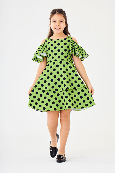 Kıvanç Çocuk KIZ ÇOCUK YAZLIK SİYAH PUANTİYELİ OMUZU AÇIK ELBİSE