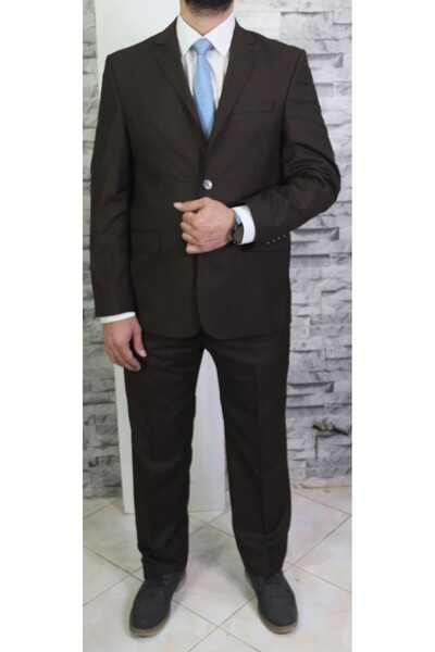 Bilgiçler Erkek kahve kılasik kesim Mono Yaka Takım Elbise