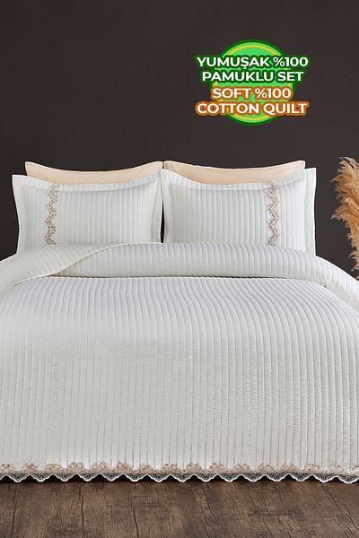 Evlen Home Collection طقم مفرش سرير مزدوج قطن 100% من Mihrimah Lacy (Pique) باللون الأبيض الفاتح