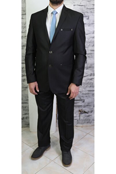 Bilgiçler Men's Black Slim Fit Narrow Cut Mono Collar Suit