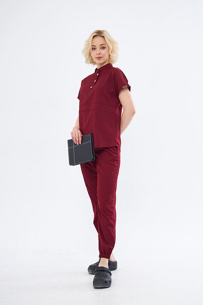 Class Üniforma Nova - Claret Red Flexible Lycra Women's Scrubs with Prevailing Neckline and Half Placket Snaps