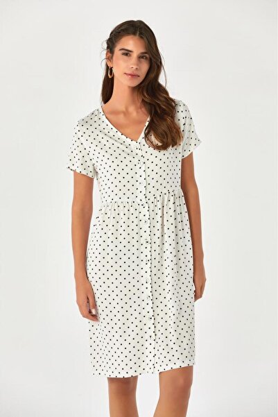 İKİLER Önü Düğmeli Kısa Kol Puan Elbise 024-4043