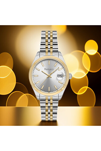 Ferrucci Marka Sarı-Gümüş Kadın Kol Saati Takvimli Su Geçirmez 2 Yıl Garantili