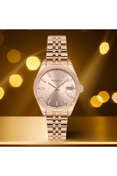 Ferrucci Marka Sarı-Gümüş Kadın Kol Saati Takvimli Su Geçirmez 2 Yıl Garantili