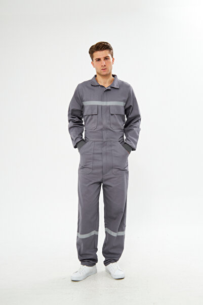 mervem GRİ Safety Bütün %100 Pamuk Reflektörlü İşçi Tulumları