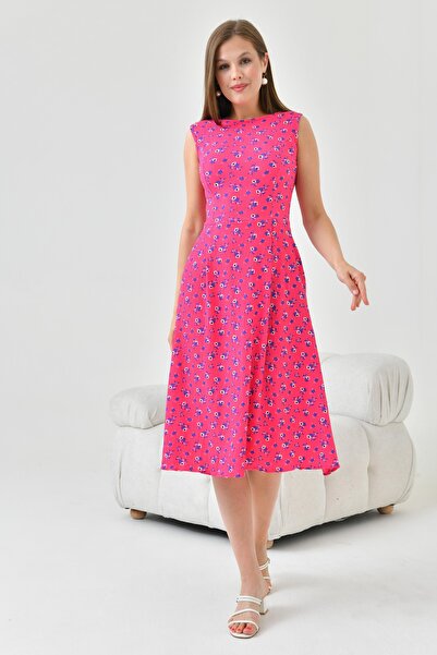 lovebox Flower Patterned Flexible Seersucker Fabric Zero Sleeve Pocket Detail Crew Neck Pink Summer Dress 102