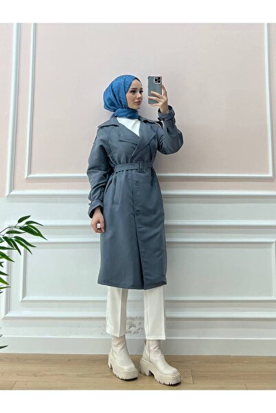 Esre Store Kol Ve Omuz Detaylı Tesettür Trençkot Gri