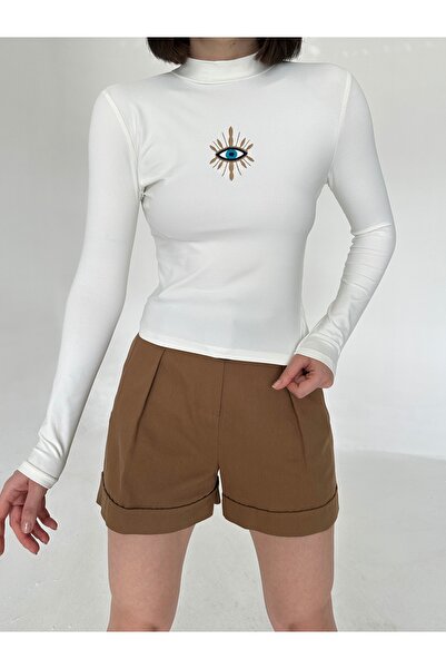 alenmoda Bluză crop cu mânecă lungă brodata cu guler