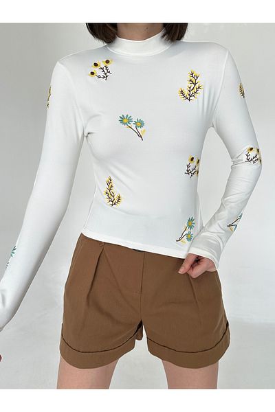 alenmoda Bluză crop cu mânecă lungă brodata cu guler