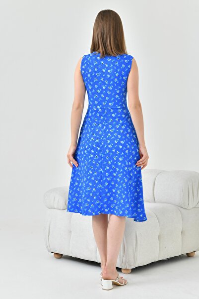 lovebox Λουλούδι με μοτίβο εύκαμπτο Seersucker Fabric Zero Sleeve Pocket Detail Crew Neck Blue Summer φόρεμα 102