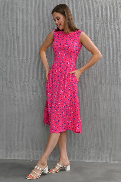 vuvutasarım Women's Floral Patterned Stretchy Seersucker Zero Sleeve Pocket Detailed Crew Neck Sleeveless Pink Dress 102