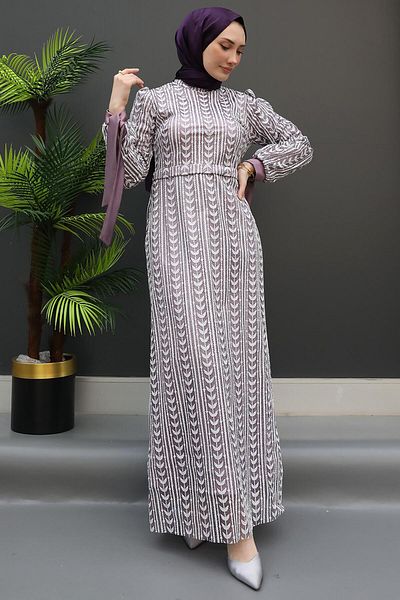 GİZ AGİYİM Colorful Embroidered Evening Dress Lilac