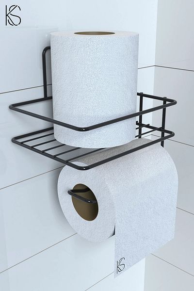 KARTEYA Adhesive Toilet Paper Holder Holder Hanger Black Metal Toilet Paper Holder with Shelf Toilet Paper Holder