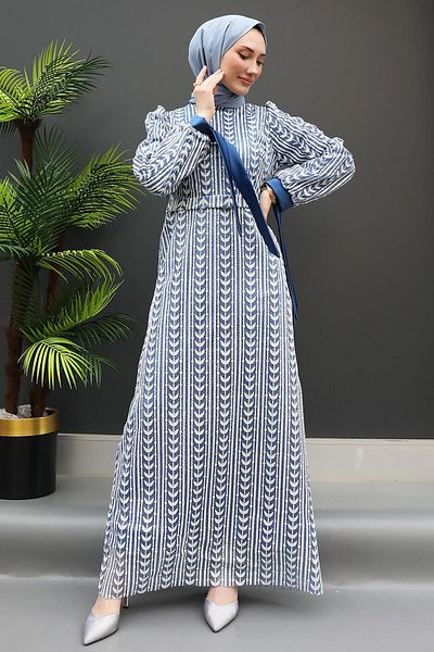 GİZ AGİYİM Colorful Embroidered Evening Dress Indigo