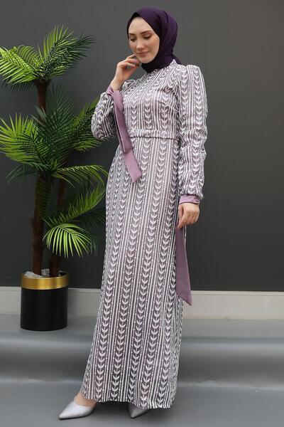 GİZ AGİYİM Colorful Embroidered Evening Dress Lilac