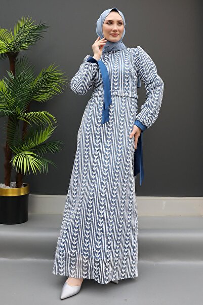 GİZ AGİYİM Colorful Embroidered Evening Dress Indigo