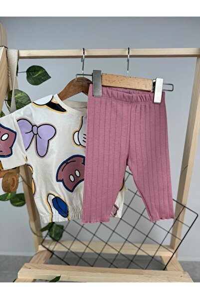 Minizade RIBBON LETTER PRINTED COLORFUL MICKEY BABY GIRL/KIDS DOUBLE SET