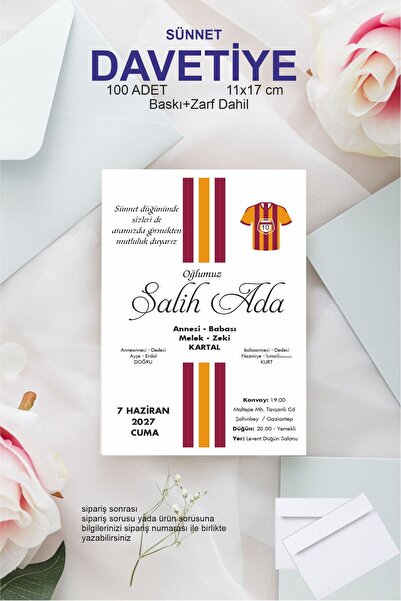 Hsn Sünnet Davetiyesi Baskılı 100 Adet Zarflı Davetiye