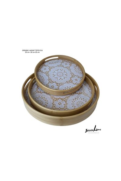 MBB ETİCARET Royaleks 3-Piece Round Wooden Tray Set - SVR-GR92661