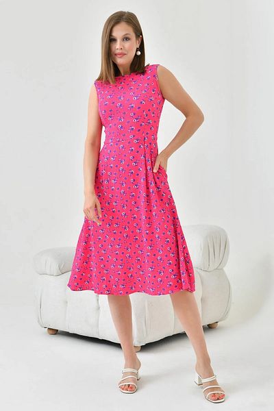 WOMAN VISION Rochie de vară Seersucker elastică cu model de flori roz, cu mâneci zero, cu detaliu de buzunar, cu decolteu rotund, rochie de vară 102